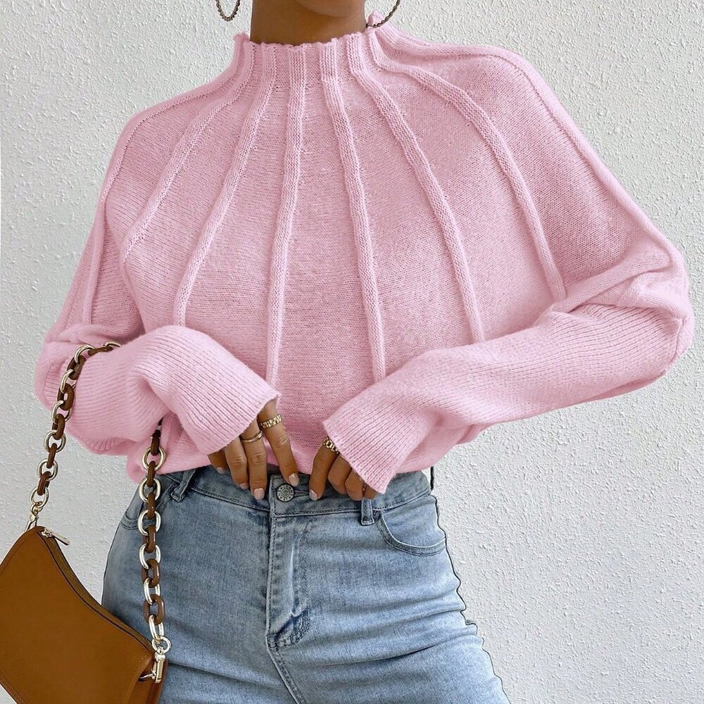 Pink Casual Women's Stand Collar Pullover Sweater